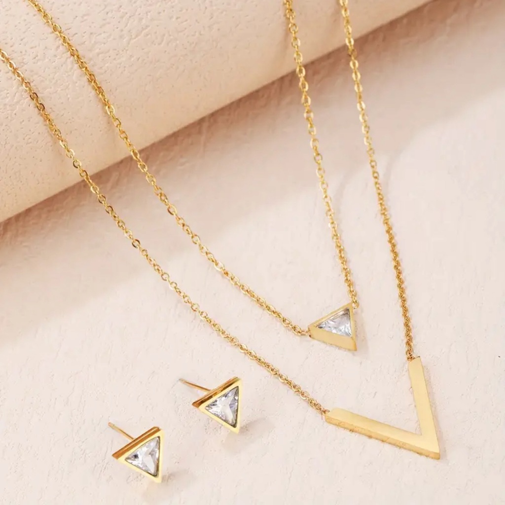 Stylish Women Jewelry Set Double-Layer Stainless Steel Necklace And Earrings